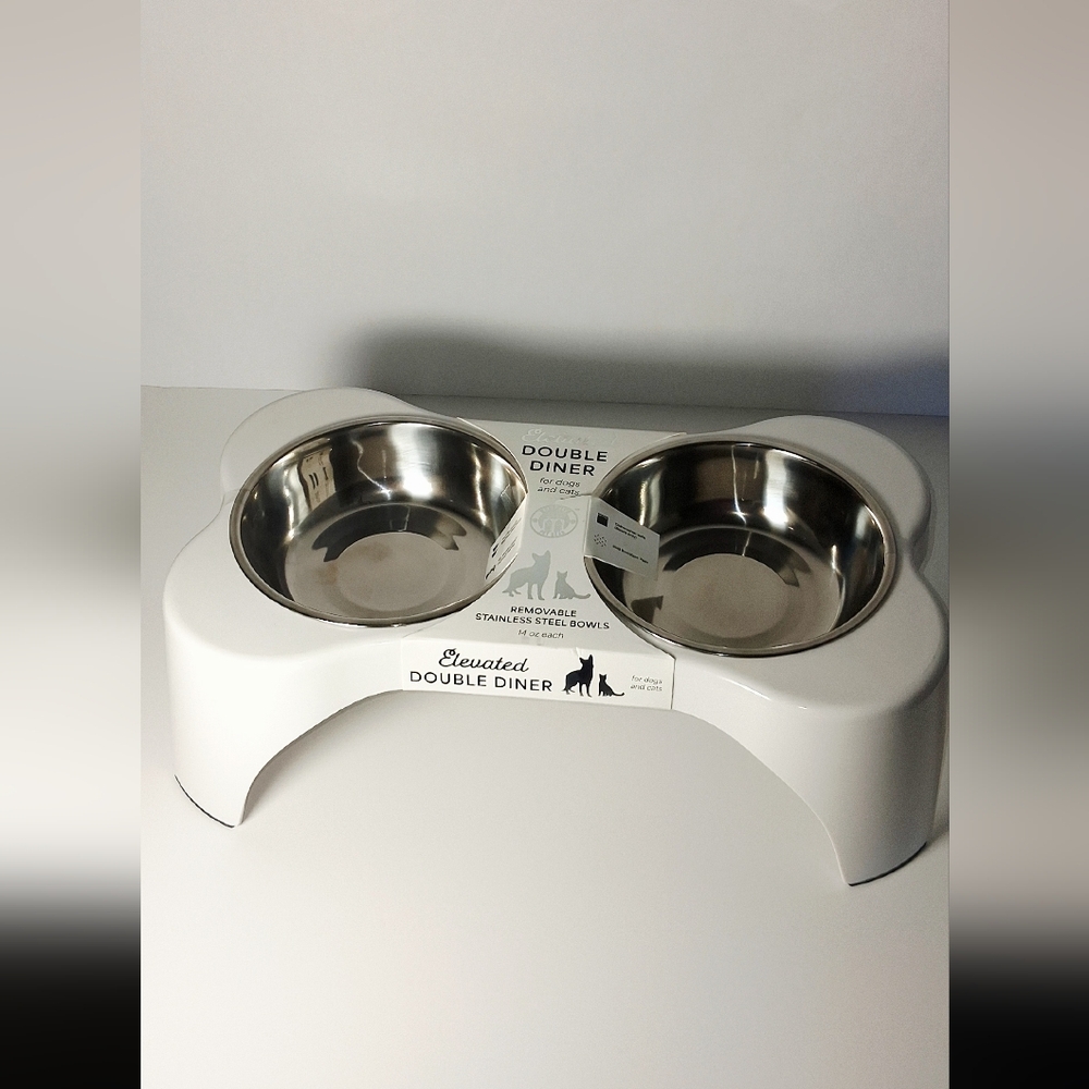 Elevated Double Diner Pet Bowl - White with Stainless Steel Bowls
